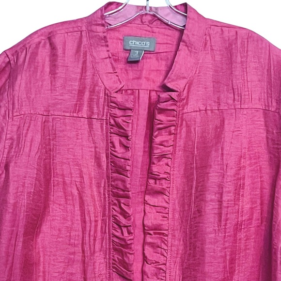 Chico’s Linen Blend Jacket Pink Ruffle Trim Open Front 3/4 Sleeve Blazer - Picture 3 of 12